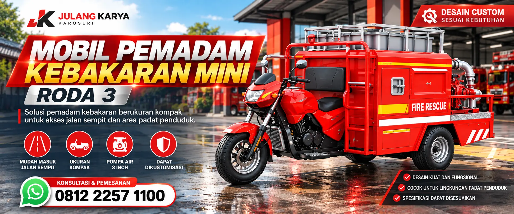 Mobil pemadam kebakaran mini roda 3 untuk jalan sempit
